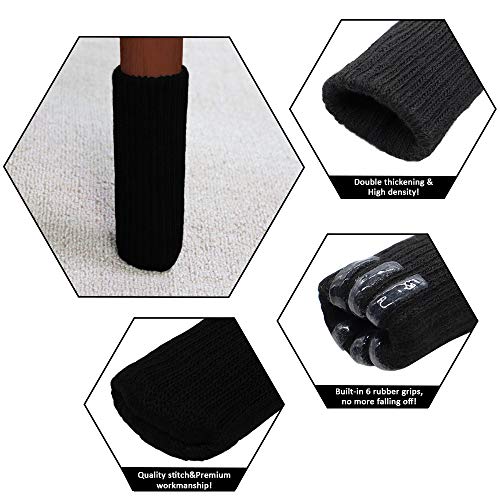 Furniture Socks, Ravmix 24PCS Knitted Elastic Non-Slip Strips Furniture Feet Covers Set Chair Leg Socks Floor Protectors, Fit Square & Round Feet Girth from 2.7'' to 7'', Black - Thumbnail 4