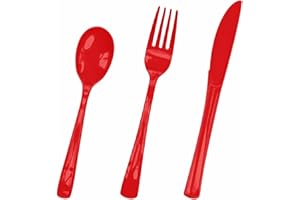 HEIPINIUYE 75 Pack Red Plastic Cutlery Heavy Duty Red Plastic Knives Forks and Spoons Disposable Silverware Set for 25 Guest Camping Birthday Baby Shower Party Cutlery Set