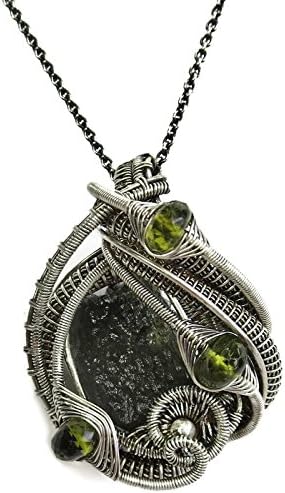 Wire-Wrapped Moldavite Necklace in Antiqued Sterling Silver with Peridot