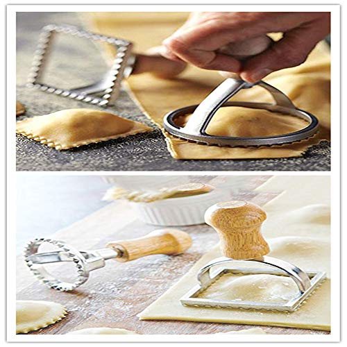 Ravioli Stamp Set, Transser Ravioli Maker Cutter Stamp, Wooden Handle and Fluted Edge Tool, Pasta Press Kitchen Attachment (4-Set,Round & Square & Cutter) - Thumbnail 4