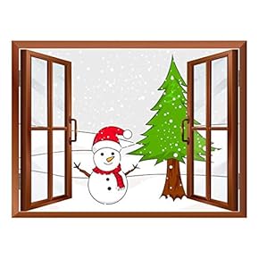 Cartoon Snowman and Christmas Tree - Peel and Stick Self-Adhesive Removable Window View Wall Sticker/Wall Mural - 24"x32"