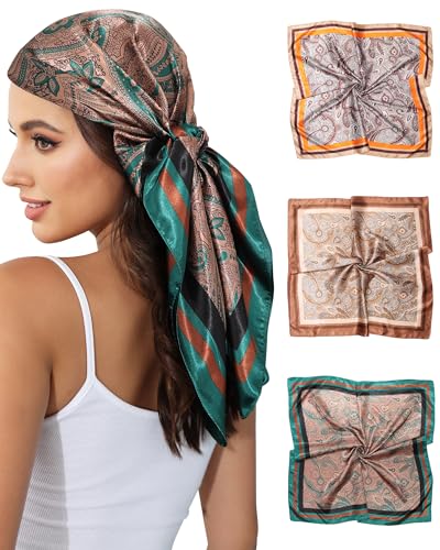 AWAYTR 35” Satin Head Scarf for Women 3Pcs Silk Scarf for Hair Scarf Satin Hair Bandana Women Headscarf Hair Wrap Scarf Neck