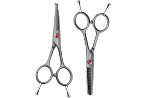 FOGOSP 4.5" Dog Grooming Scissors - 2pcs Curved Scissors & Thinning Shears for Small Dog, Cat Face & Paws - Japan 440C (2Kit)