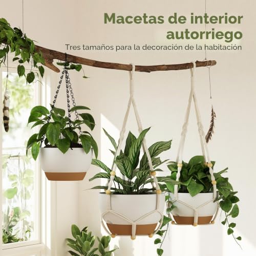 Bamworld Set of 3 Macrame Hanging Planters with Self-Watering, Plant Pot Holder and Balcony Planters 28/23/20 cm with Chains, White
