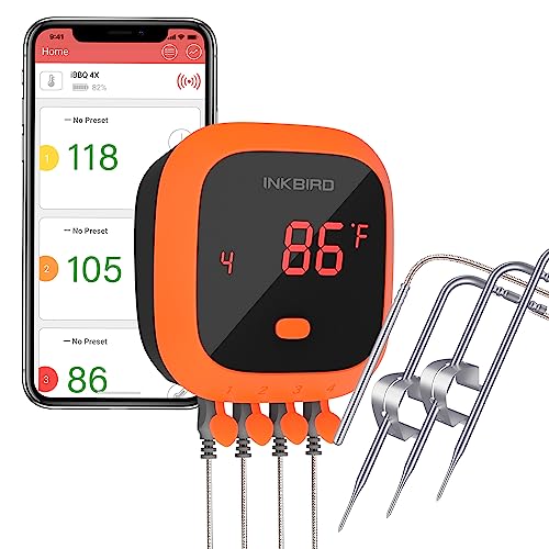 INKBIRD Waterproof Bluetooth Meat Thermometer with 4 Probes, Remote Control Rechargeable Magnet with Alarm for Kitchen, Smokers, Oven, Barbecue, Grill