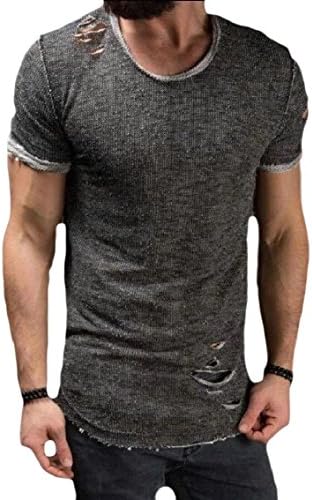 LinkShowMen Short Sleeve Solid Colored Vogue Over Sized Hole T Shirt Tunic Tops Grey XS