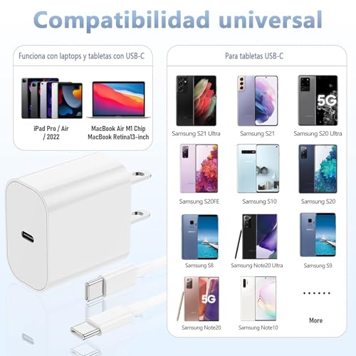 Rantuia 20W Cargador Tipo C, 1.8M Cable USB C Carga Rapida Tipo C, Cargador C Compatible con iPhone 17 16 15 Pro MAX/Galaxy S25 Ultra/S25+/S25/S24 Ultra/S24+/S24/S23 Ultra/S23+/S23, iPad (White)