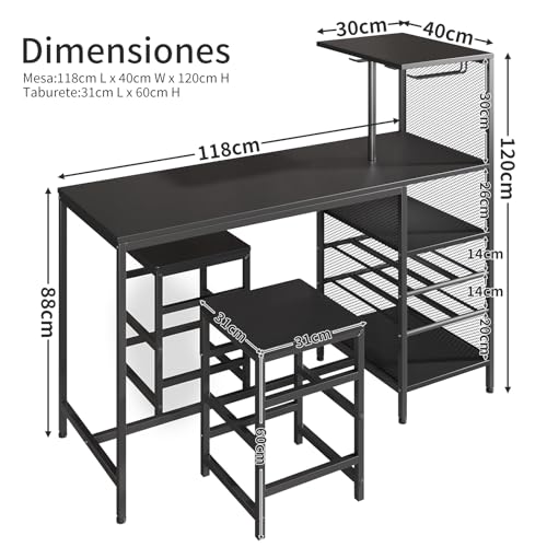 SIMPLE ESPACIO Barra de Cocina,Desayunador Tiene Seis Capas de Espacio de Almacenamiento,Mesa de Bar,Comedor Viene con Dos Sillas,con Estante para Copas Vino,Adecuado para Cocina y Bar(Negro)