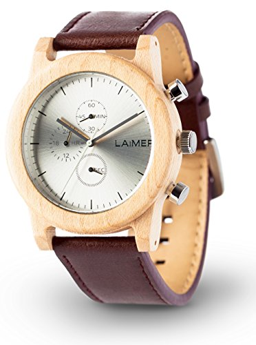 LAiMER Men's Chronograph Wooden Watch Peter  Wrist Watch Made of Natural Maple Wood - Leather Strap, Bright Design