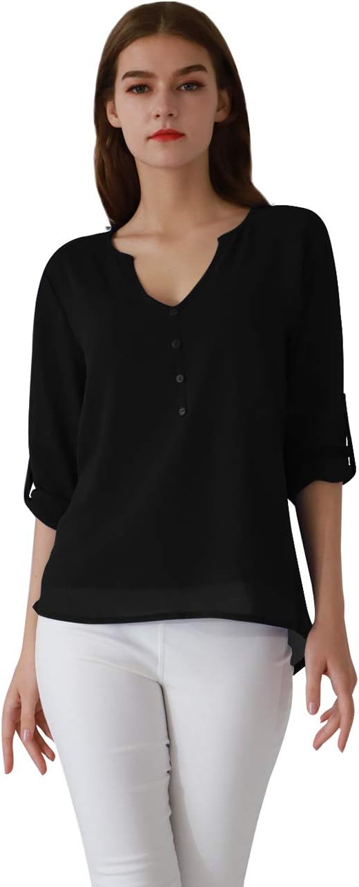 Women's Casual Chiffon Button V Neck Blouses Shirts Long Sleeve Top