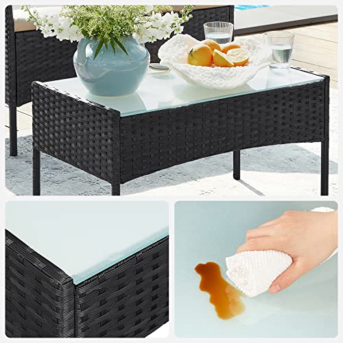 SONGMICS GGF004BZ03 4 Seater PE Resin Woven Outdoor Patio Balcony Garden Furniture Set with 1 Table, 2 Garden Chairs and 1 Outdoor Bench 2 Seater