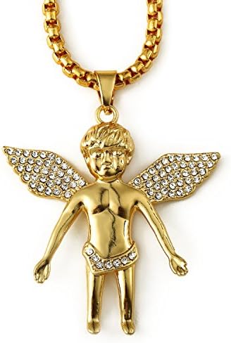 Iced Out Hip Hop "Big Angel" 14K Gold Plate Jewelry, Bling Bling Pendant Necklace 30" Chain Included