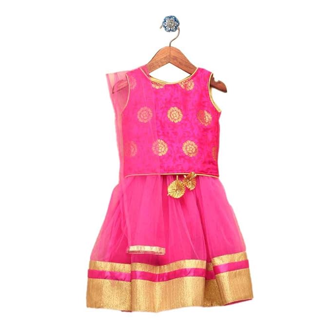 The KidShop By Hopscotch Girls Polyester Motif Lehenga And Blouse With Dupatta Set in Fuchsia Color