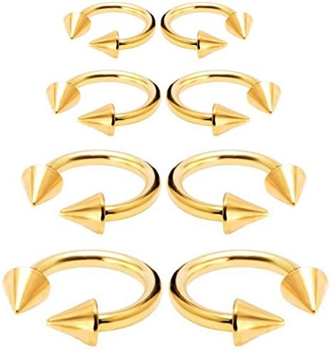 Nicever 16G Stainless Steel 8mm 10mm 12mm 14mm Non-Piercing Horseshoe Spike Nose Hoop Ring Barbell Tragus Cartilage Earrings 8 Pieces (Gold)