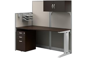 Bush Business Furniture Office in an Hour 65W Straight Cubicle Desk with Storage, Drawers, and Organizers in Mocha Cherry | Modern Computer Table Set with Privacy Panels for Commercial Workspace