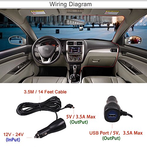 DVR Camera Car Truck Bus Cigarette Lighter Power USB Charger Adapter 3.5 Meters 14 Feet Extension Long Cable 12V 24V 3.5A for Phone GPS Tablet PDA DVR Recorder (Micro USB - Left Angle) by HitCar
