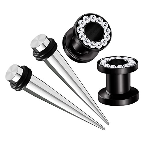 BIG GAUGES 2 Pairs Surgical Steel Black Anodized 2gauges 6 mm Taper Expander Tunnel Clear Crystal Piercing Stretcher Ear Plugs BG1488