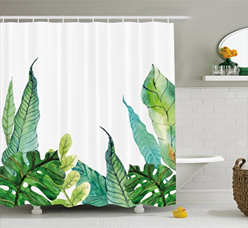 Ambesonne Leaf Shower Curtain, Watercolor Hand Drawn Style Print Panda Banana Fragipani Tropical Trees Exotic Leaves, Cloth Fabric Bathroom Decor Set with Hooks, 69" W x 70" L, Green White