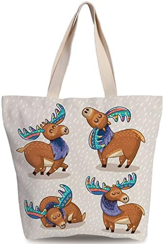 Unique Durable Canvas Tote Bag,Moose Decor,Kids Cartoon Inspired Cute Elks with Antlers Friendly Nursery Artwork,Multi,Canvas Shopping bag,shoulder handbags,Shoulder Bag