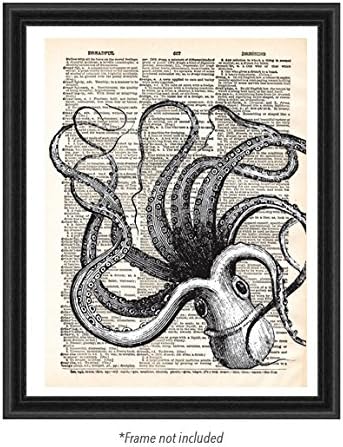 Rupava Creations Octopus Upcycled Vintage Dictionary Art Print Poster Antique Old Home Wall Decor (8 x 10, B/W)