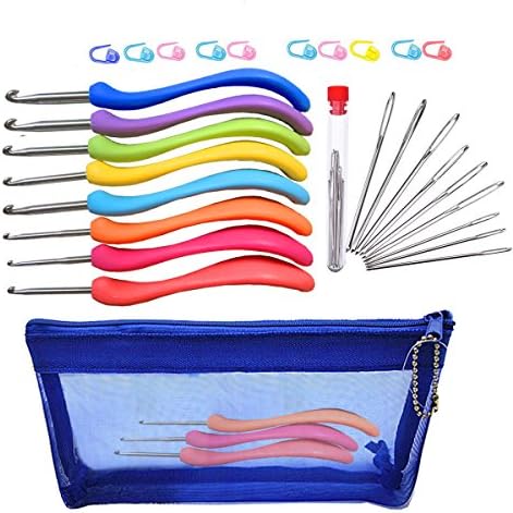 Ergonomic Crochet Hooks Set Comfortable Handles with Large-eye Blunt Needles Steel Yarn Knitting Needles Sewing Needles