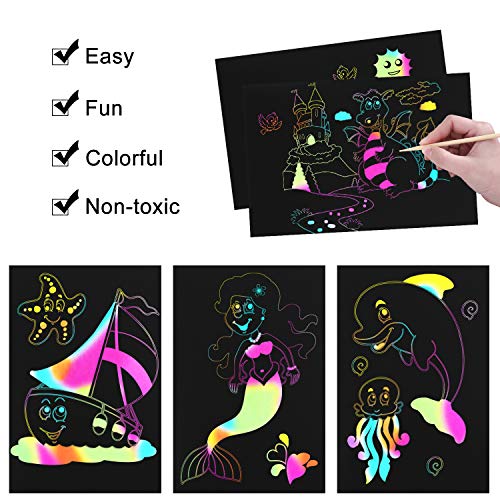 Mosoan Scratch Art Paper Set for Kids, 50pcs Rainbow Magic Scratch Off Paper Black Doodle Pads Boards with 8 Wooden Styluses, 4 Stencils and 1 Brush for Christmas Birthday Gift Easter Party Game