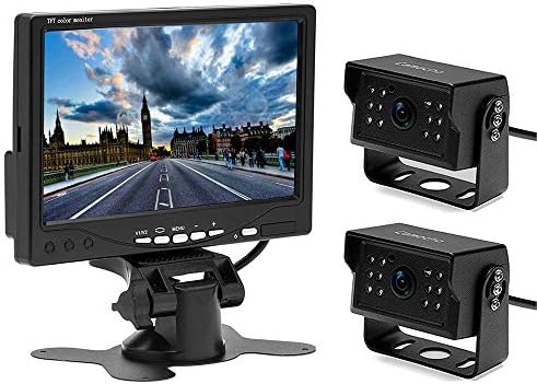 Camecho 12V 24V Backup Camera Monitor Kit With 2 Rear View Camera Waterpoof Night Vision & 7" Car Monitor with Dual 50 ft AV Cables for Bus/RV/Motorhome/Camper