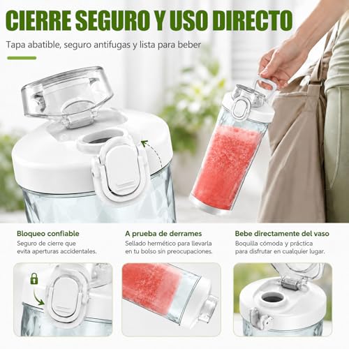 Licuadora Portatil, Licuadora con Bloqueo de Seguridad, 600 ml Licuadora Personal Recargable Adecuada, Blender Adecuada para Viajes y Fitness con Tapa Antiderrames (Blanco)