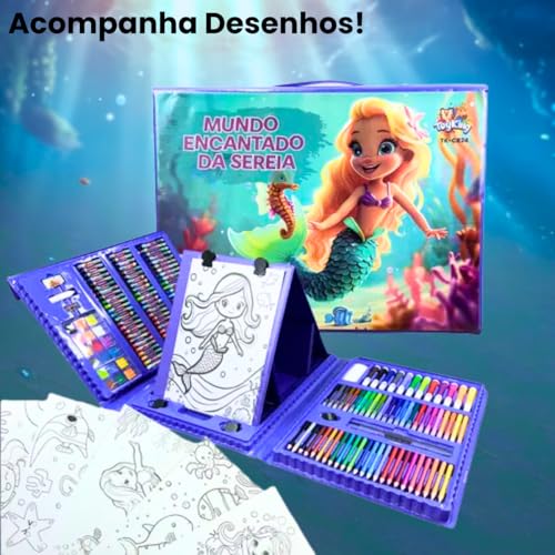 Maleta de Pintura Infantil 208 Itens Mundo Encantado da Sereia Desenho Arte Material Escolar Presente para Crianças