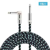 Guitar Cable, Mugig Professional Cable for Guitar/Bass/Keyboard - 16ft/5m Instrument Cable 1/4" (6.3mm), Straight Jack to Angled Jack, Tweed Woven (16ft, Cyan-Black)