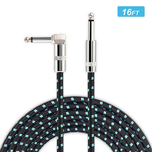Guitar Cable, Mugig Professional Cable for Guitar/Bass/Keyboard - 16ft/5m Instrument Cable 1/4" (6.3mm), Straight Jack to Angled Jack, Tweed Woven (16ft, Cyan-Black)