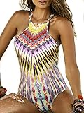 BMJL Women's Tropical Tribal Print Criss Cross High Neck One Piece Swimsuit Monokini