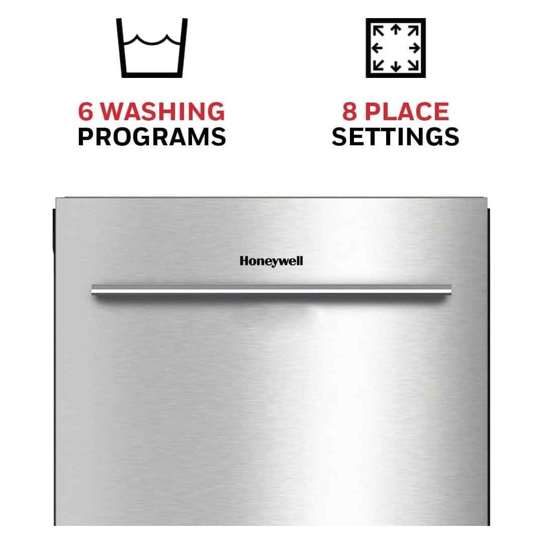 Honeywell 18 Inch Dishwasher with 8 Place settings, 6 Washing Programs, Stainless Steel Tub, UL/Energy Star- Stainless Steel