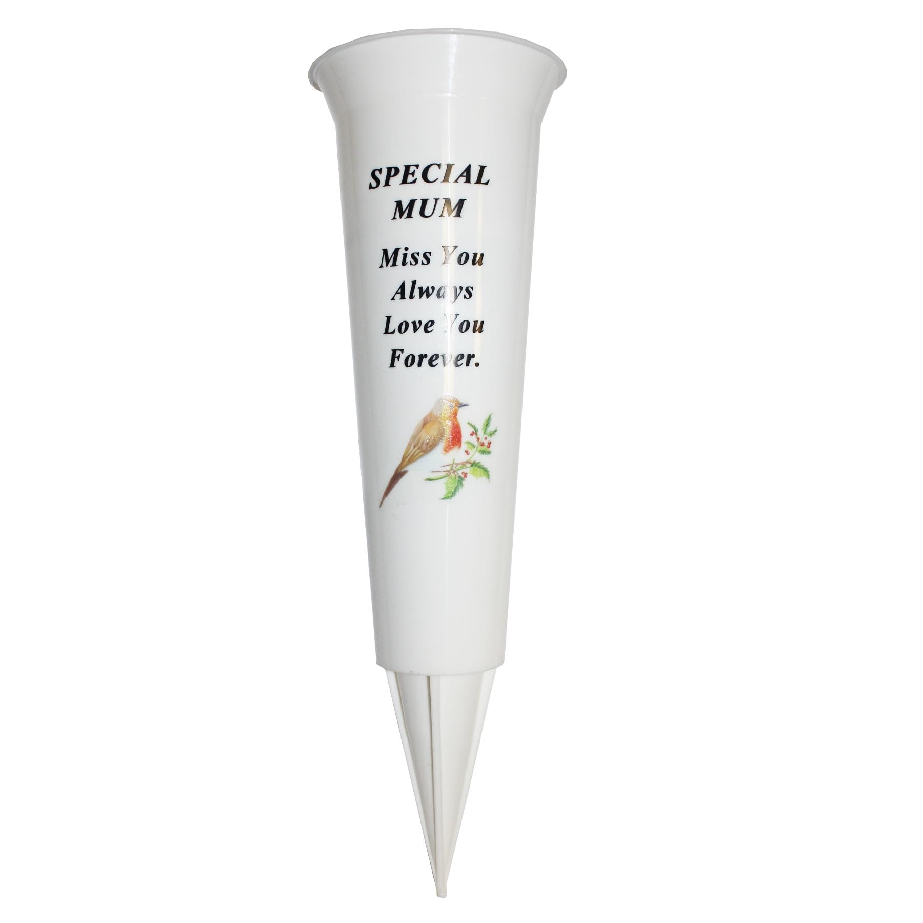 Memorial Grave Flower Pot - 33cm tall Sturdy White Memorial Graveside Flower Vase with Spike and Robin Image (Special Mum 8712)