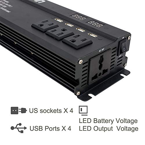 Cantonape 1000W/2000W(Surge) Car Power Inverter DC 12V to 110V AC with 5 Outlets, 4 USB Ports and Input Output LED Display