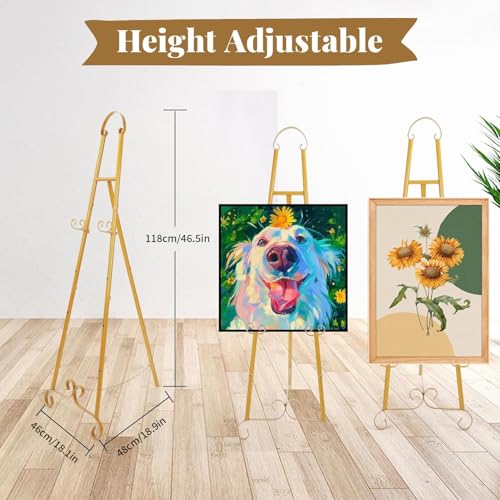 2Pcs Soporte de caballete dorado para carteles, caballetes de suelo para exposición, 3 estantes ajustables y estabilidad elegante, para cumpleaños, bodas, exposición de pósteres de pintura