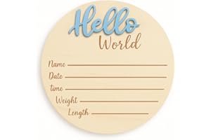 KEMINA BLANKETS Baby Announcement Sign – 6” Wooden Hello World Newborn Name Sign, Hospital Birth Stat Plaque, Gender-Neutral Welcome Baby Keepsake, Personalized Photo Prop for Boys & Girls, Newborn Gift (Blue)