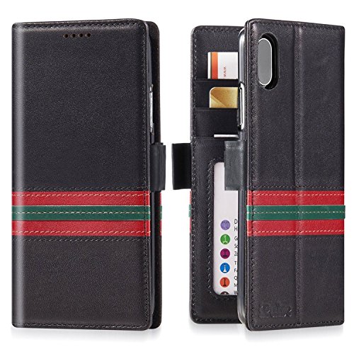 iPhone Xs Max Wallet Case Leather - iPulse Milan Series Designer Edition Italian Full Grain Leather Handmade Flip Case for Apple iPhone Xs Max (2018) with Magnetic Closure - Green/Red Strip