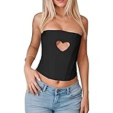 Fuimsul Women Sexy Heart Cut Out Crop Tube Top Summer Y2k Skinny Sleeveless Backless Zipper Back Cropped Strapless Tank