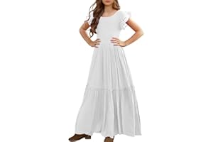 MITILLY Girls Lace Flower Ruffle Sleeve A-Line Swing Wedding Party Maxi Dress with Pockets
