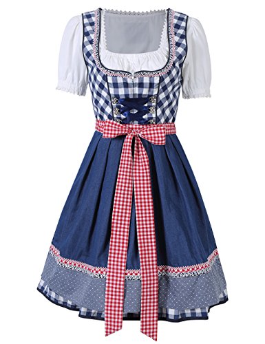 KoJooin Women 3 Pieces Bavarian Oktoberfest Costumes Barmaid Dirndl Dress Blue Plaid 38