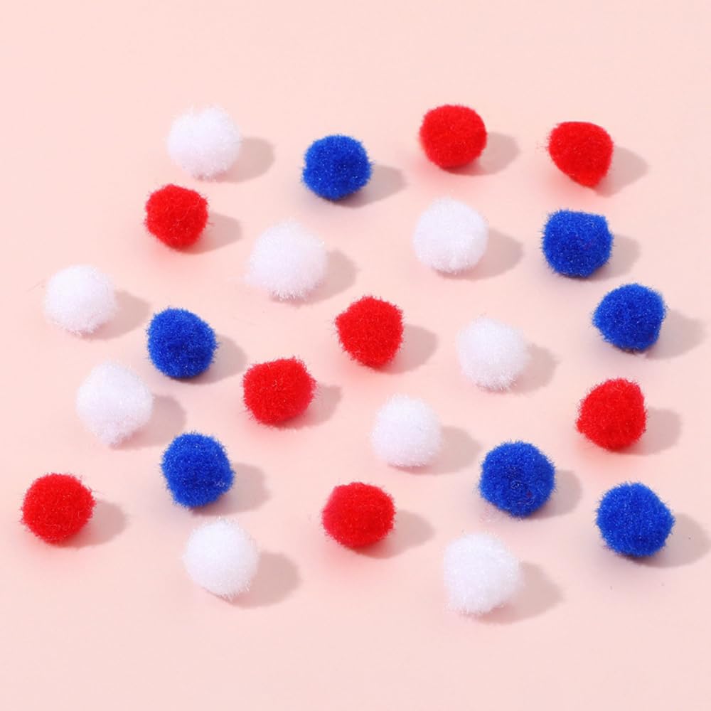 Pack of 300 Mini Pompoms for Crafts, Mini Pompoms for Craft Making, Small Pom Pom Balls, Pompoms Accessories for Sewing Decoration, Funny DIY Creative Crafts, Christmas, White + Red + Royal Blue 10 mm