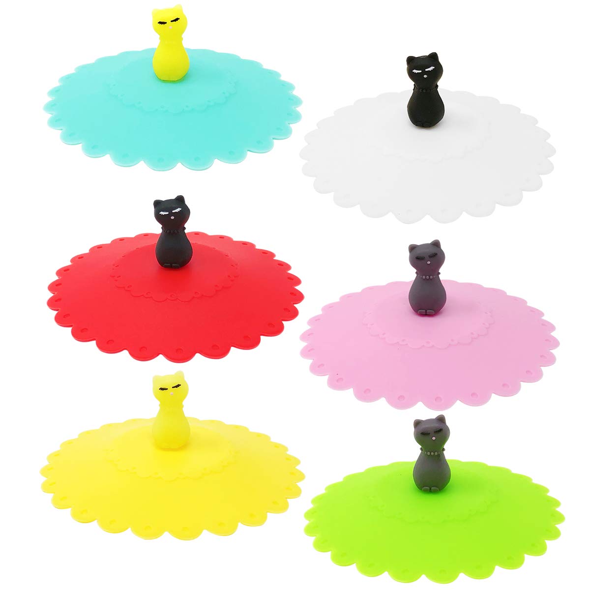 Wrapables Silicone Cup Lids Anti-Dust Airtight Mug Covers for Hot and Cold Beverages, (Set of 6), Cats