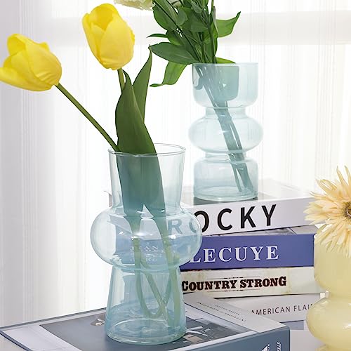 2PCS Glass Vase Blue Transparent, Hydroponic Bubble Glass Vases for Flowers, ViViTOP Modern Style Decorative Medium Vases for Centerpieces Home Decor Wedding Reception Table(7\
