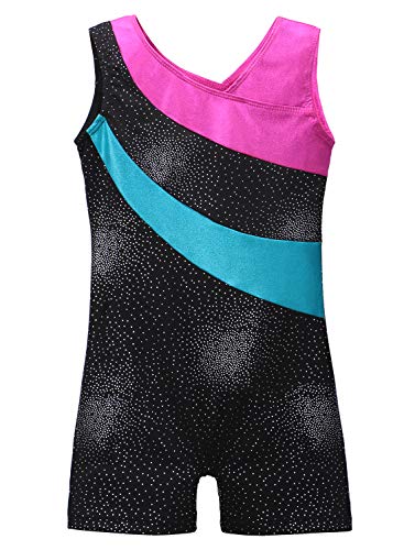 Black Leotards for Girls Gymnastics with Shorts Sparkle Stripes Pattern Sleeveless Biketards Hotpink Black (Black, 130(6-7 years old))