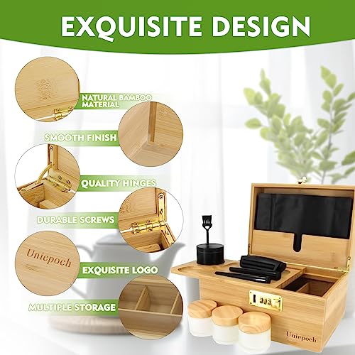 Uniepoch Stash Box with Combination Lock, Bamboo Storage Box Kit with 3pcs Smell-Proof Glass Jars, 2pcs Storage Tubes & 1pc Cleaning Brush, Large Stash Box with Rolling Tray