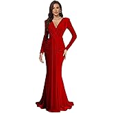 Long Sleeve Velvet Formal Dresses for Women V Neck Pleated Mermaid Evening Prom Gowns with Tie