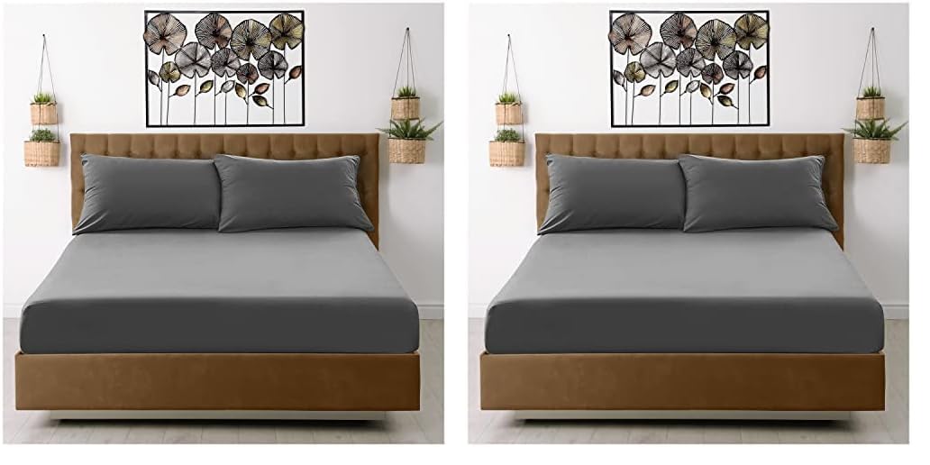 Fitted Sheet Single Bed - Charcoal Bedding Sheet - Plain Dyed Microfiber Bedsheets (Pack of 2)