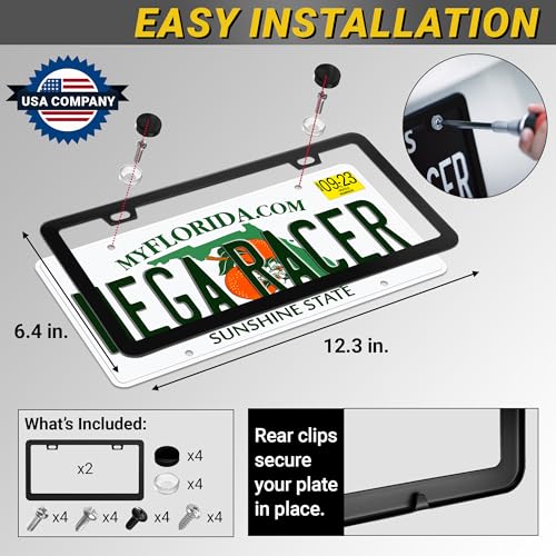 Premium Slim Matte Black License Plate Frames – 2 Pack, Rust-Free Stainless Steel & Rattle-Free, Street Legal, Universal with Screw Caps, Thin Metal Front & Rear Car Tag Holders for Men & Women