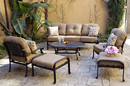 Darlee Cast Aluminum Elisabeth 6-Piece Sofa Set with Cushions and Pillows, Coffee Table, Antique ...